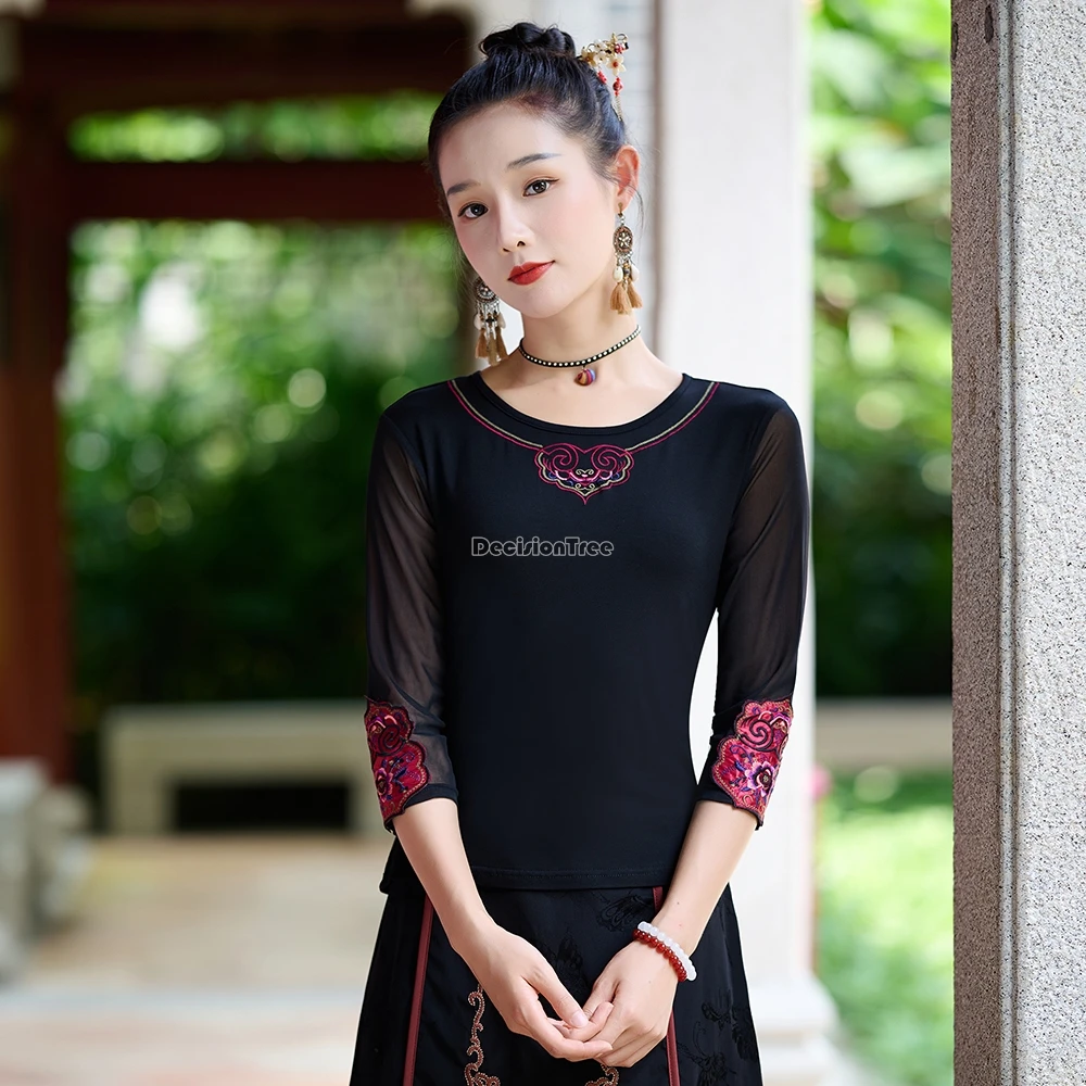 

2024 new chinese ethnic style round neck embroidery modal mesh half sleeve embroidery stitching design slimming t-shirt top t001