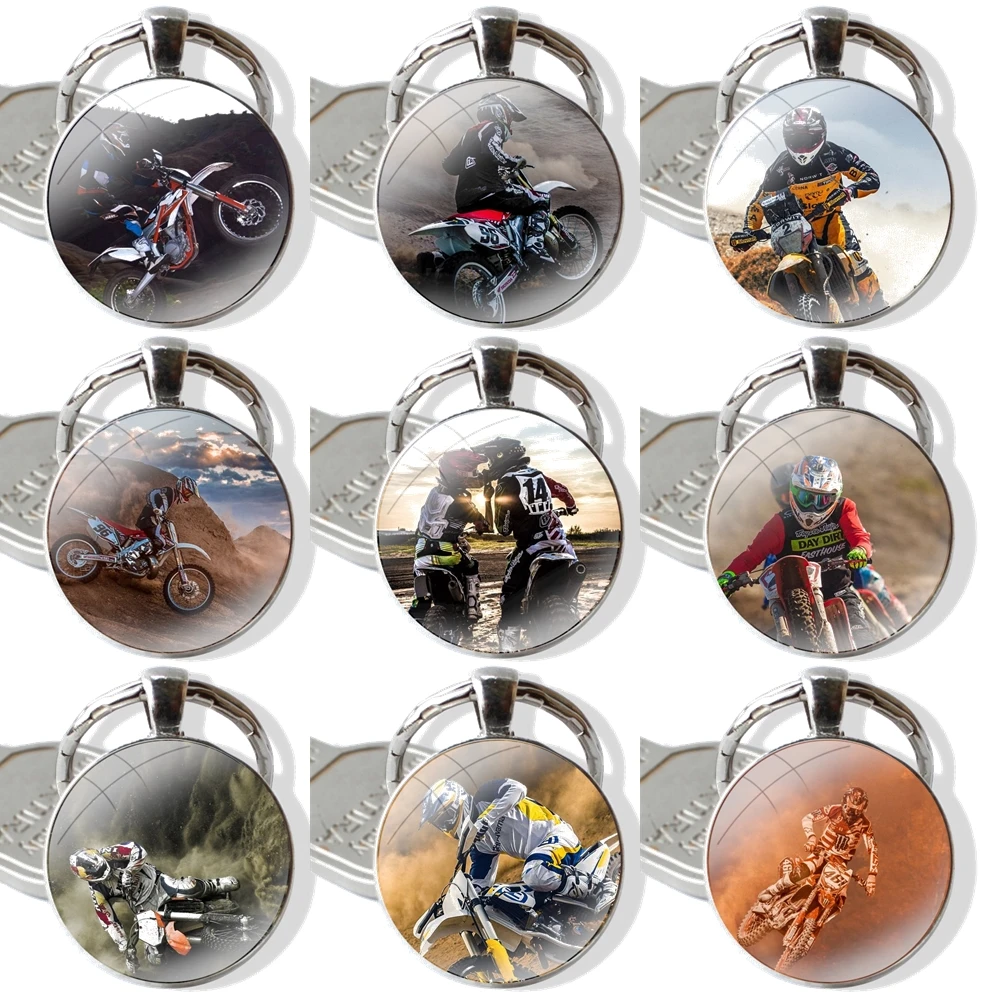 Keychain Handmade Glass Cabochon Key Ring Holder Pendant Key Chains Dirt Bikes motorcycle race