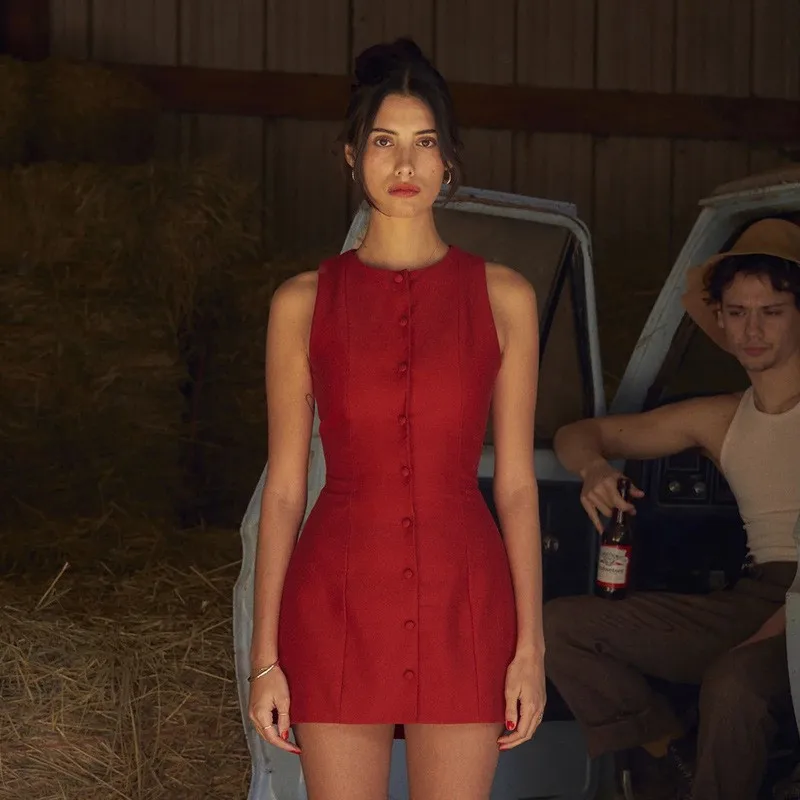 Modna, seksowna mini sukienka bez rękawów dla kobiet, nowa sukienka typu bodycon z dekoltem O, zapinana na jeden guzik, na imprezę klubową, sukienka na ramiączkach, odzież damska, vestidos