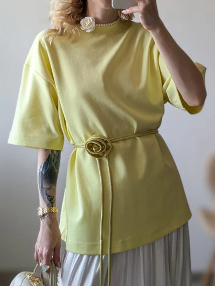 

New Lace-up Flower Short Sleeve T-shirt Women Fashion Solid O Neck Loose Tees Female Elegant Casual T-shirts Tops