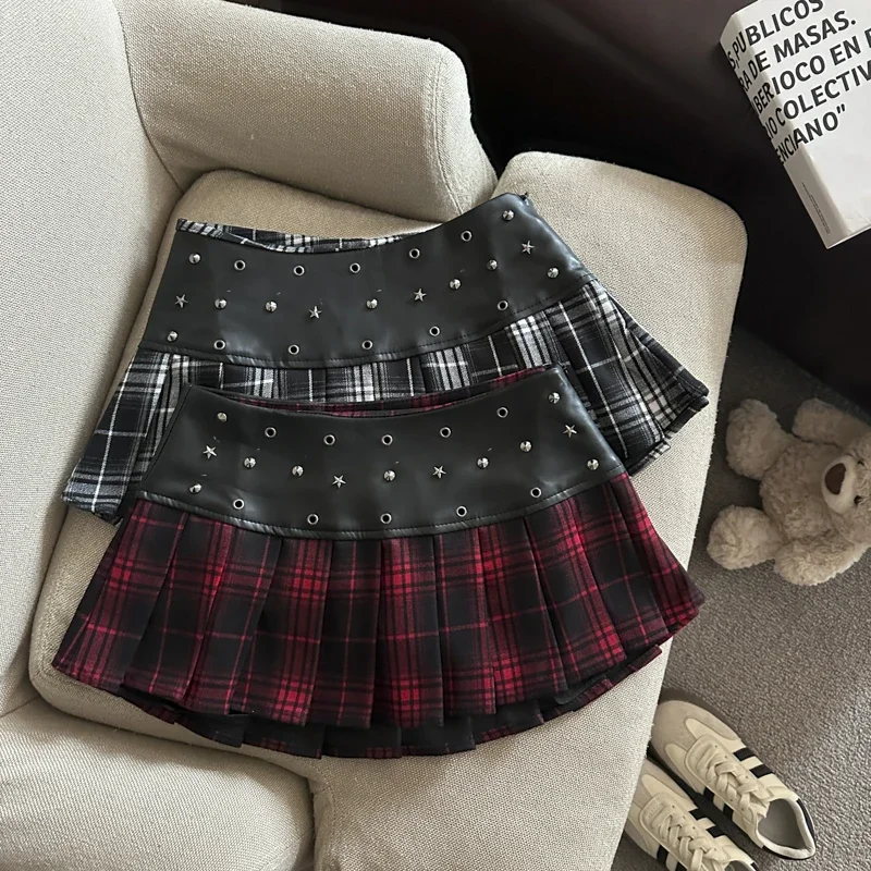 

Plaid Print Patchwork Pleated Mini Skirt Women Vintage Harajuku Pu Leather Gothic Kpop Dance Skater Gyaru Grunge A Line Skirts