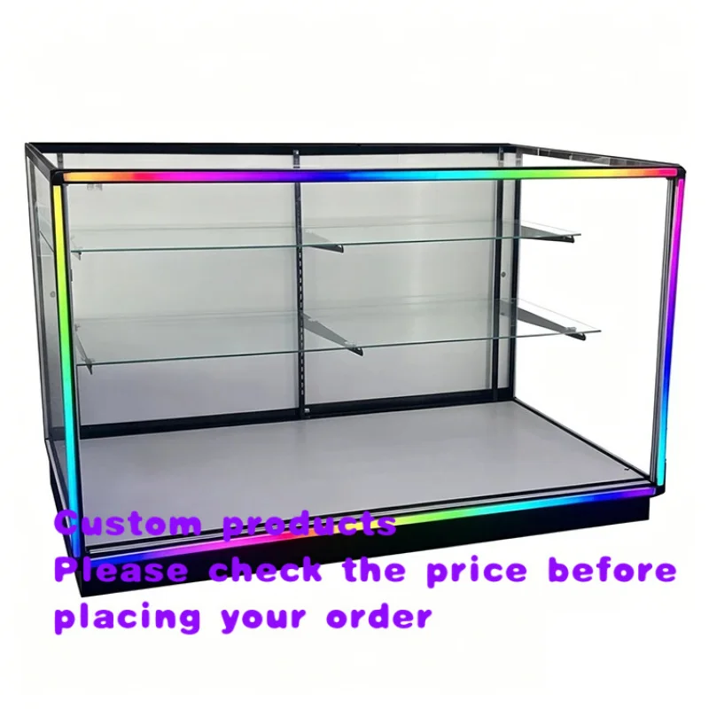 custom.Smoke Shop Frame Display Showcase Glass Cabinet LED Neon Lights Retail Stores Black Silver