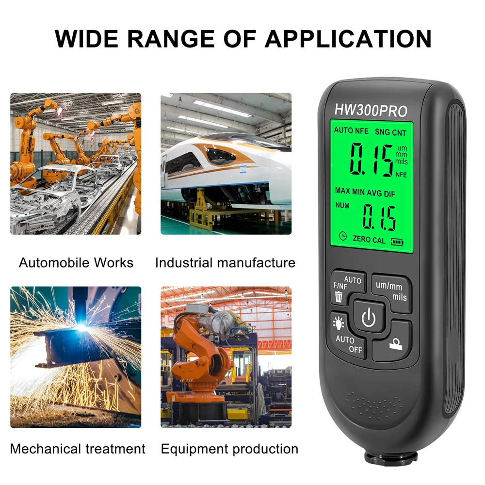 HW-300PRO Coating Thickness Gauge, LED Digital Automotive Paint Film Thickness Gauge, Metal Coating Thickness Gauge, 0–2000 μm view 6
