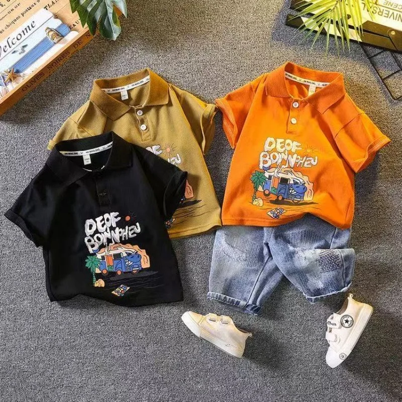 

Children's Clothing Boys' Set Summer New Stylish Boys' Short Sleeved PoLo Shirt+Denim Shorts Two-piece Set Children's Fashion