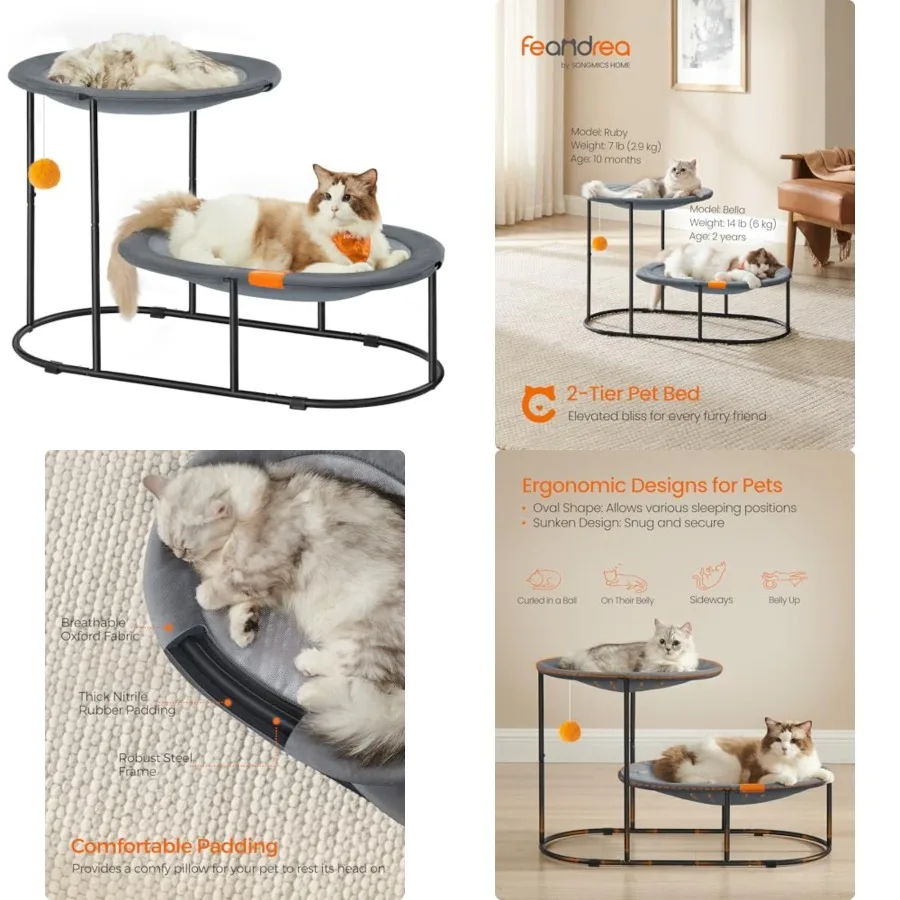 

2-Tier Elevated Cat Hammock Bed, Breathable Furniture for Multi-Cat Households Indoor and Outdoor, with Removable Washable Mesh
