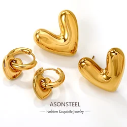 ASONSTEEL Romantic Heart Stainless Steel Drop Earrings 18K Gold Plated Delicate Charms Minimalist Metal Glossy for Women Jewelry