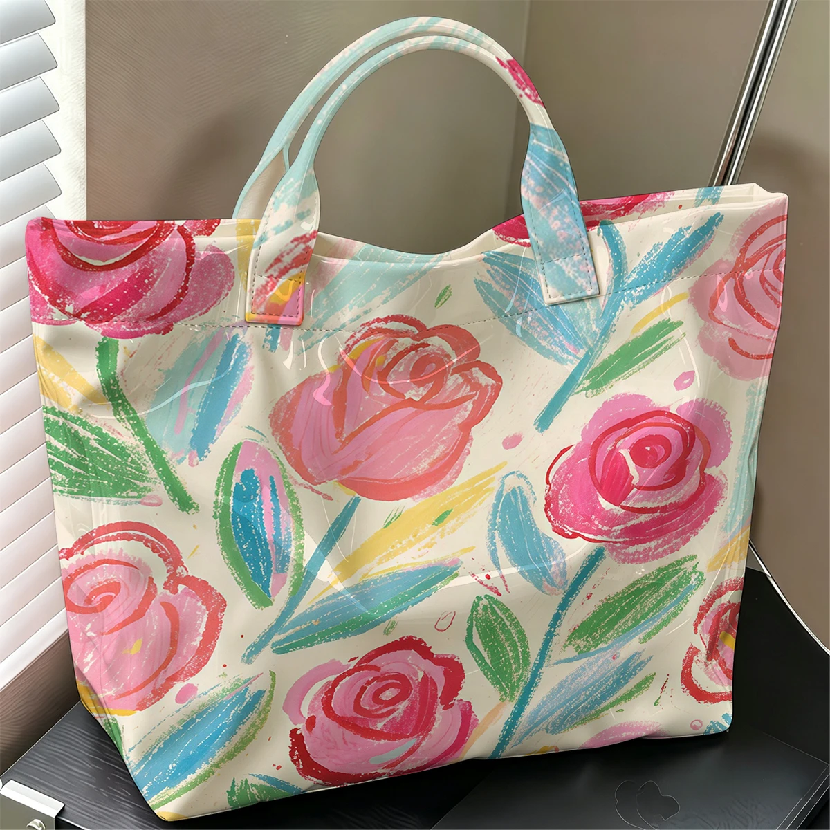 Hand-Painted Blush Rose Floral Stylish Large Glossy PVC Tote Bag Washable Waterproof Durable Ideal for Travel Commute Handbags