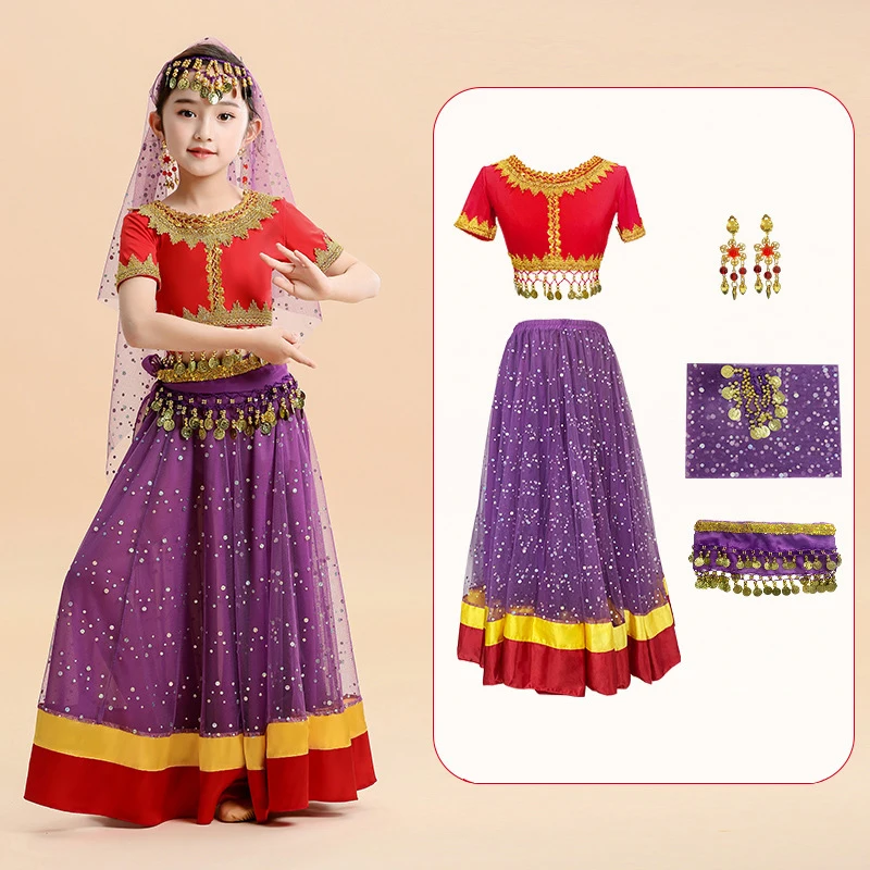 

5Pcs/Set Kids Indian Dance Bollywood Dress Girls Oriental Dance Belly Dance Costume Halloween Princess Party Cosplay Outfits