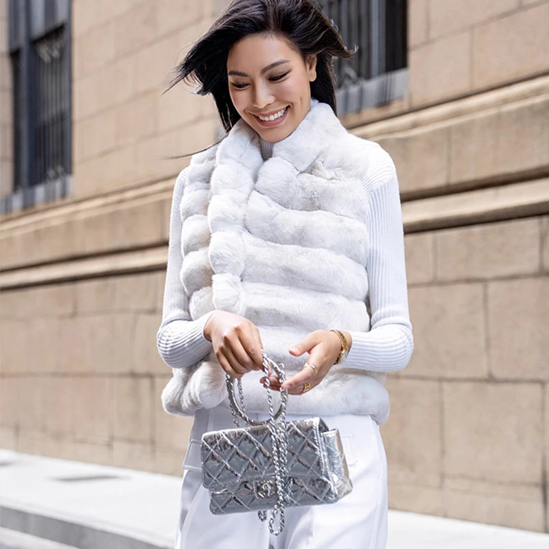 Ftangaiur Zimowy Import Czysta Biel Cyjanowy Niebieski Płaszcz-Kamizelka z Szynszilli Dekolt w Serek Damski Elegancki Krótki Naturalny Kolor Kamizelki z Szynszilli