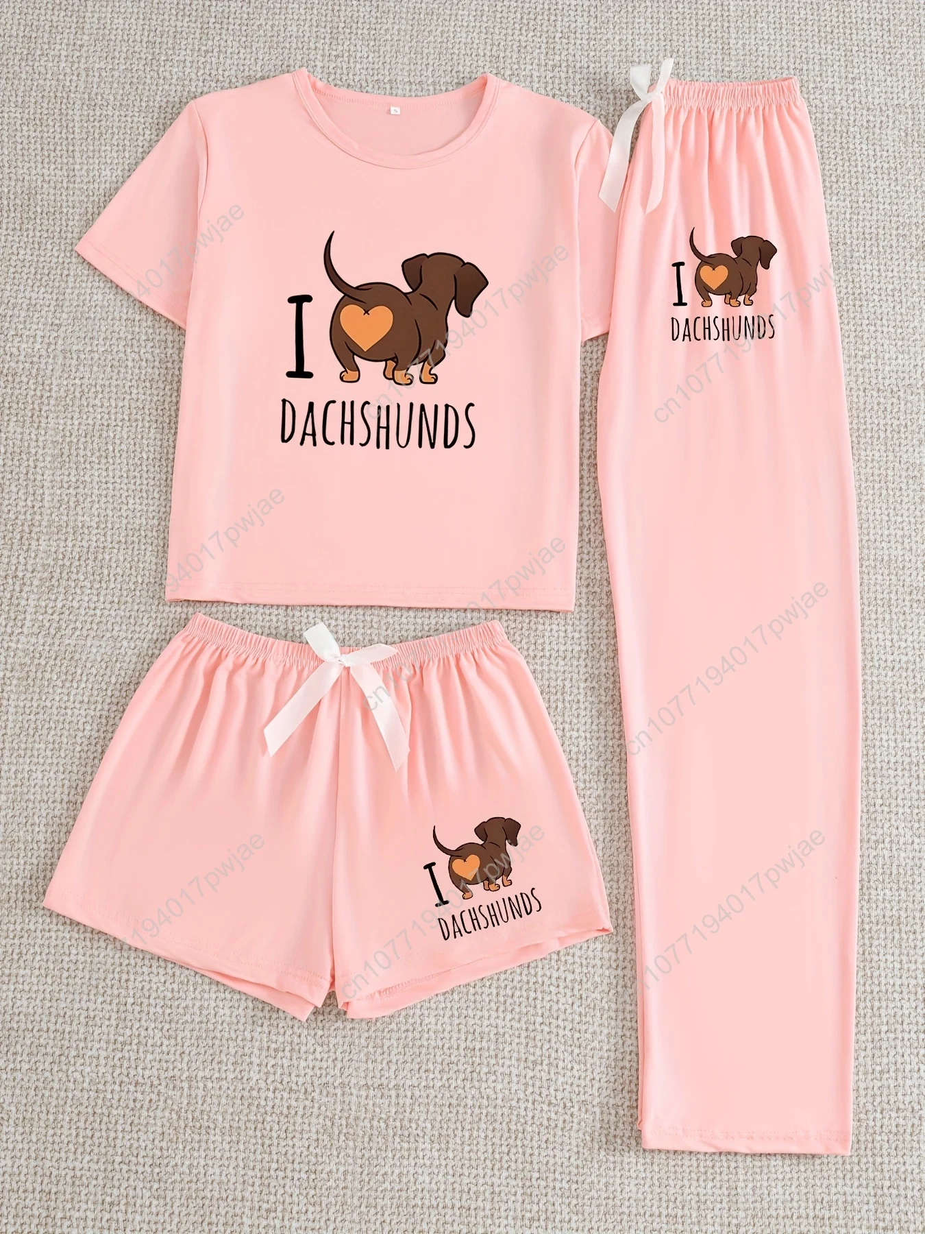 

Women's 3pcs Dachshund Pajama Set - Cute Dachshund Print Sleepwear with "I DACHSHUN!" Slogan, Elastic Shorts/Leggings, All-Seaso