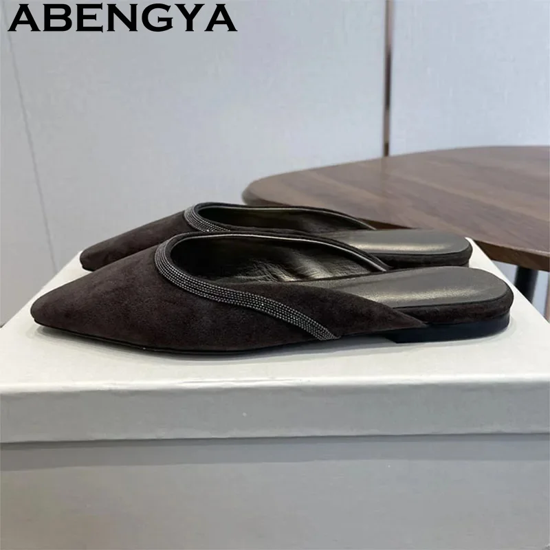 High Quality Suede Leather Pointy Wrap Toe Flat Slippers for Women Summer Classics Slippers 35-41 Size Casual Walk Shoes Mujer view 3