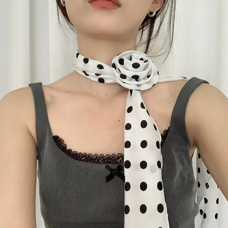 

Шифоновый прозрачный шарф с цветком розы в горошек, длинный тонкий узкий шарф из шифоновой ленты, винтажный шелковистый галстук-колье, повседневная одежда