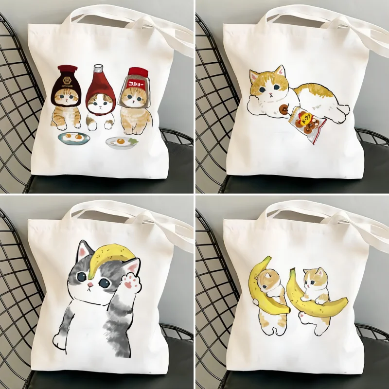 Funny Cat Printed Harajuku Shoulder Bags Kawaii Fashion Tote Handbag Canvas Environmental Large Capacity Portable Shopping Bag