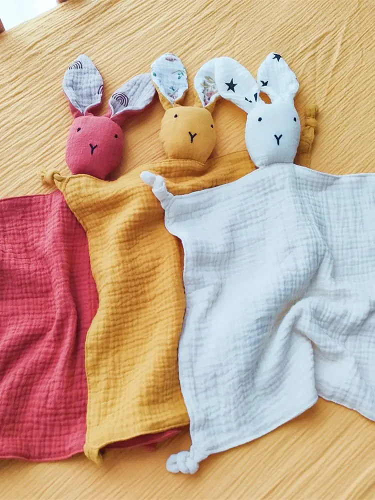 1PC Soft Cotton Muslin Baby Bib Stuffed Bunny Doll Newborn Appease Towel Security Blanket Baby Sleeping Cuddling Towel Comforter