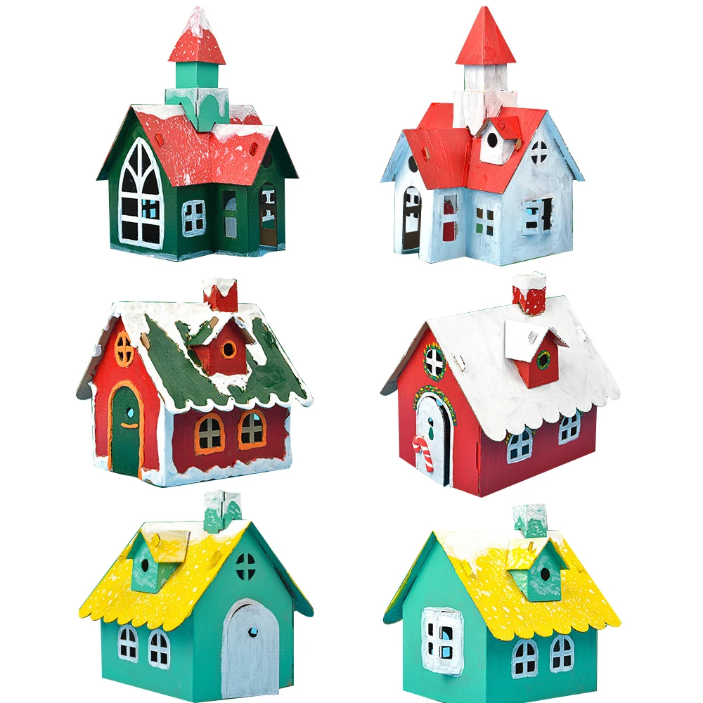 1SET Christmas DIY Paper House Multi Type Xmas Houses Tree Fence Set For Noel Home Decoration Kids DIY Painting Crafts Gift