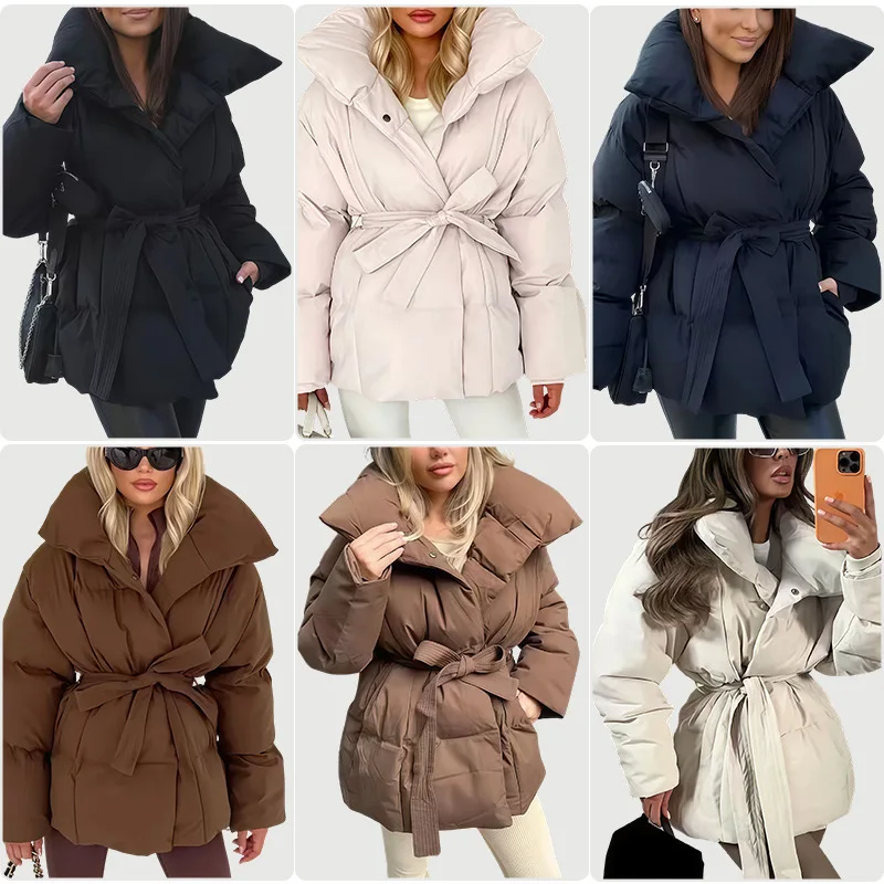 

Новое женское хлопковое пальто с поясным ремнем и большим воротником, европейское длинное све, модное ветрозащитное женское пальто