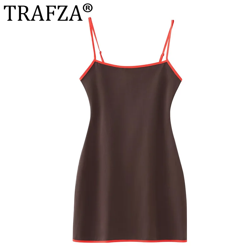 TRAFZA 2024 Woman's Beach Style Dresses Brown Square Collar Sleeveless Backless Zipper Summer Mini Dresses Woman Trendy TRAF