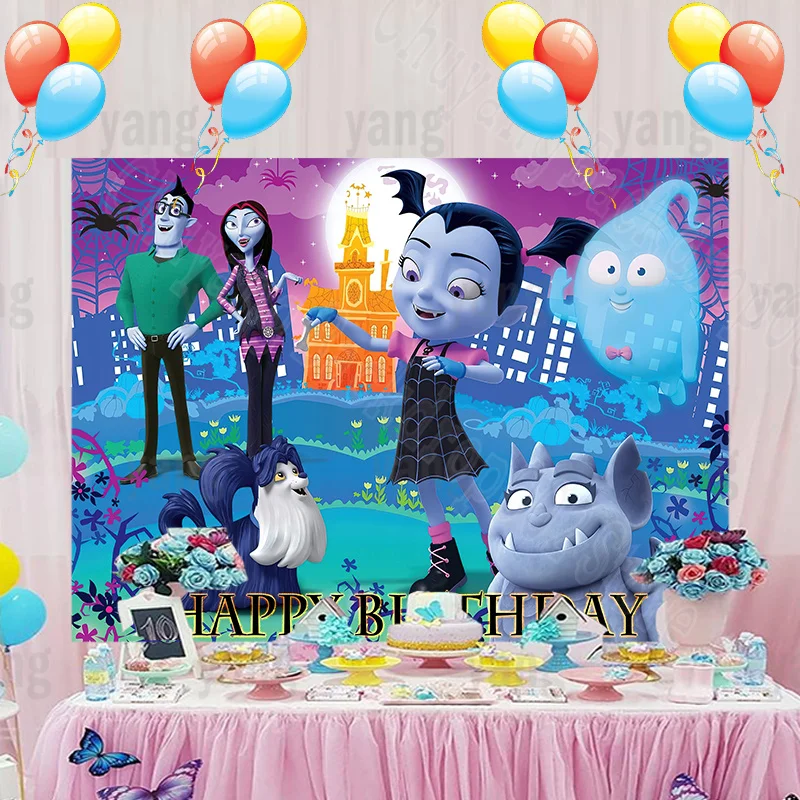 Детский фон с мультяшными героями Диснея Vampirina заостренные зубы Девочка Хэллоуин Новорожденный ребенок с днем рождения Фотофон с украшением