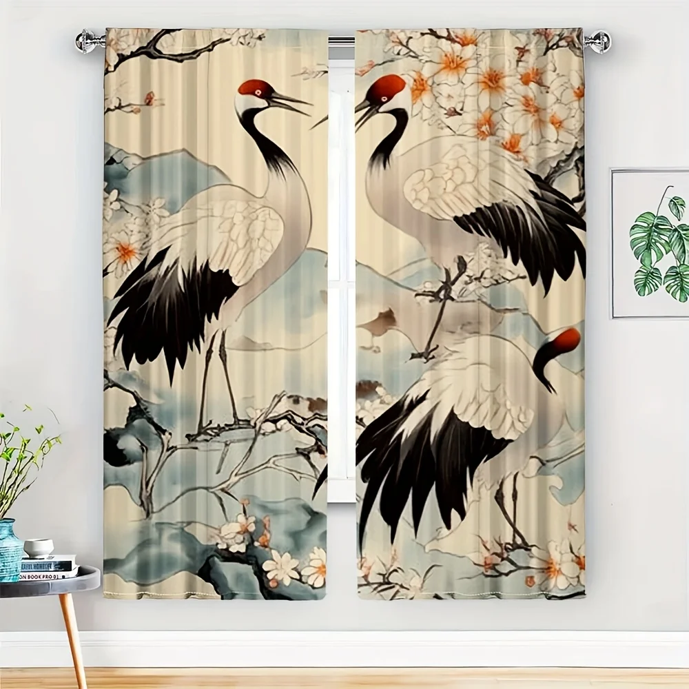 2-teilige Elegante Vorhänge mit Asiatischem Kranich- und Blumendruck für Wohnzimmer und Schlafzimmer, Frühlingsblüten-Naturdekor