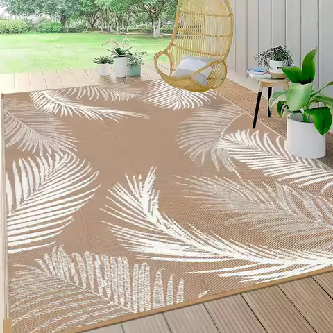 Waterproof Reversible Outdoor Rug 5x8, Plastic Straw Mat for Patio Camping Deck RV Balcony Picnic in Leaf Brown
