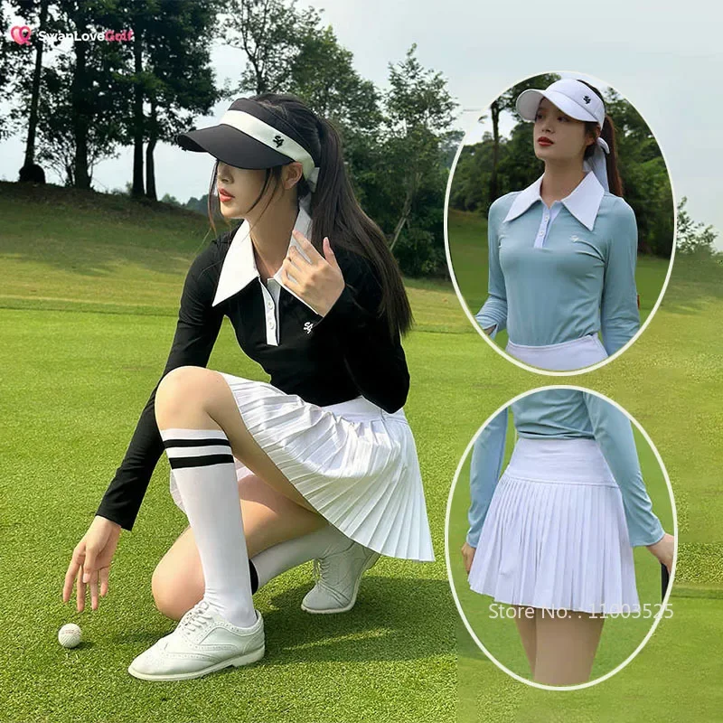 

SG Women New Lapel Collar Long-sleeved POLO Shirt Elastic Breathable Sports Golf Top Lady High Waist Pleated Skirt Slim Skorts