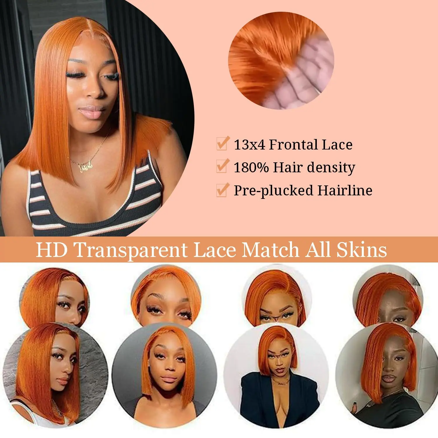 Ingwer Bob Lace Front Perücke Echthaar 13x4 Farbige kurze Ingwer Orange Bob Perücken 16 Zoll vorgezupft natürlichen Haaransatz Remy Haar Perücke