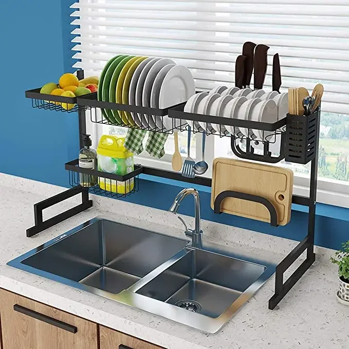 Kitchen 85cm Bowl Over The Sink Dish Drying Rack    Drainer 2 Tier Stainless Steel     