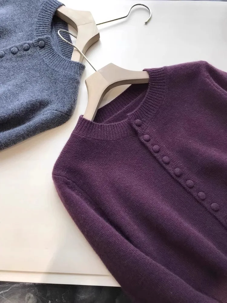 سترة نسائية محبوكة مفتوحة بأكمام طويلة باللون الأرجواني أوائل الخريف، نمط كسول للتخسيس من الكشمير، قاعدة ناعمة، ملابس خارجية ...