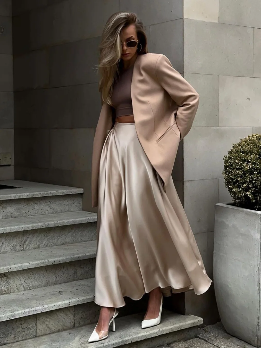 

Ele High Waist Long Satin f Length Skirt Asymmetrical H-Line Loose Fit Polyester Fiber Daily Wear Spring Season