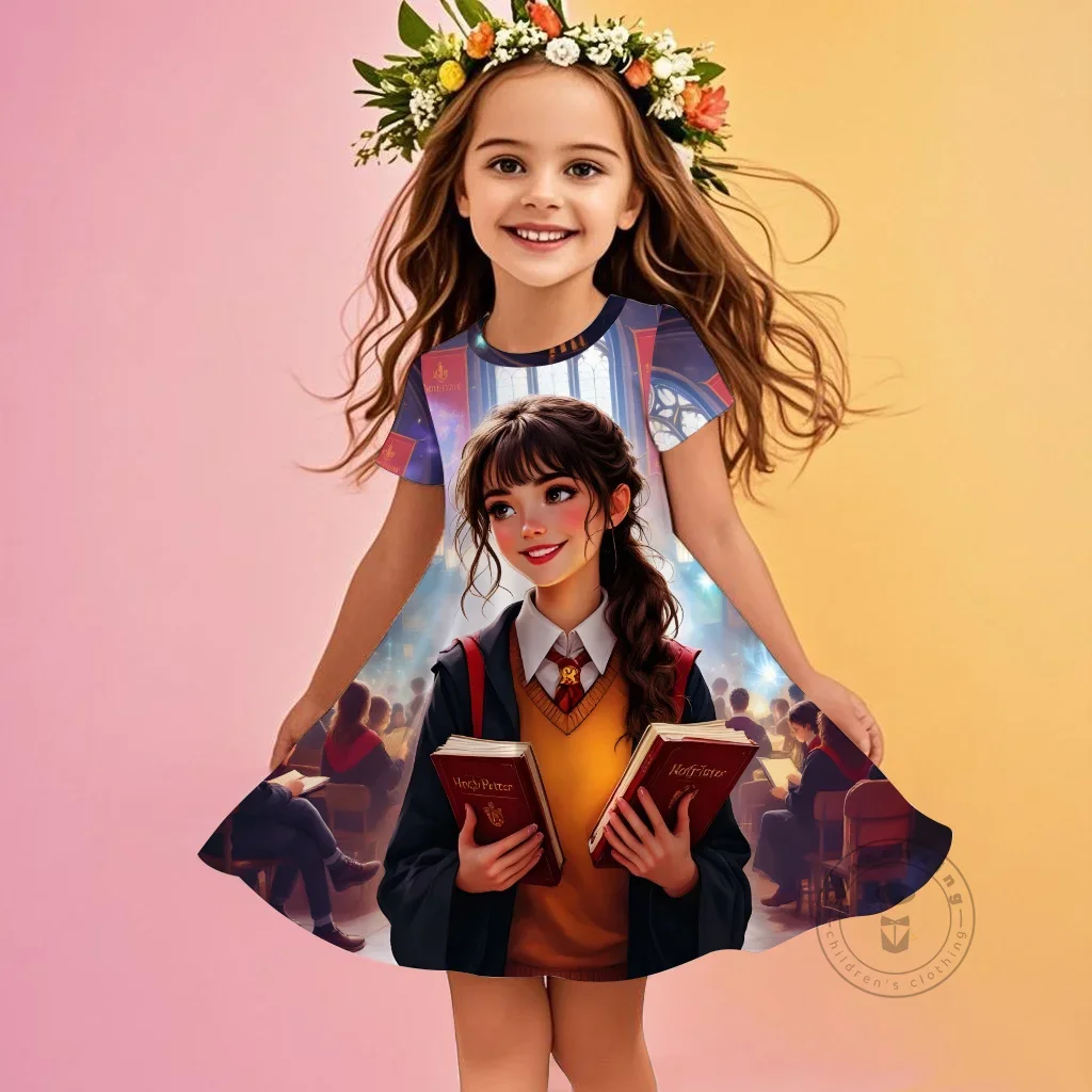 

3D Printed New Harry Potter Anime Girls Dress Short Sleeve Round Neck Summer Kawaii Cute Loose Fit Outfit For Children Trendy
