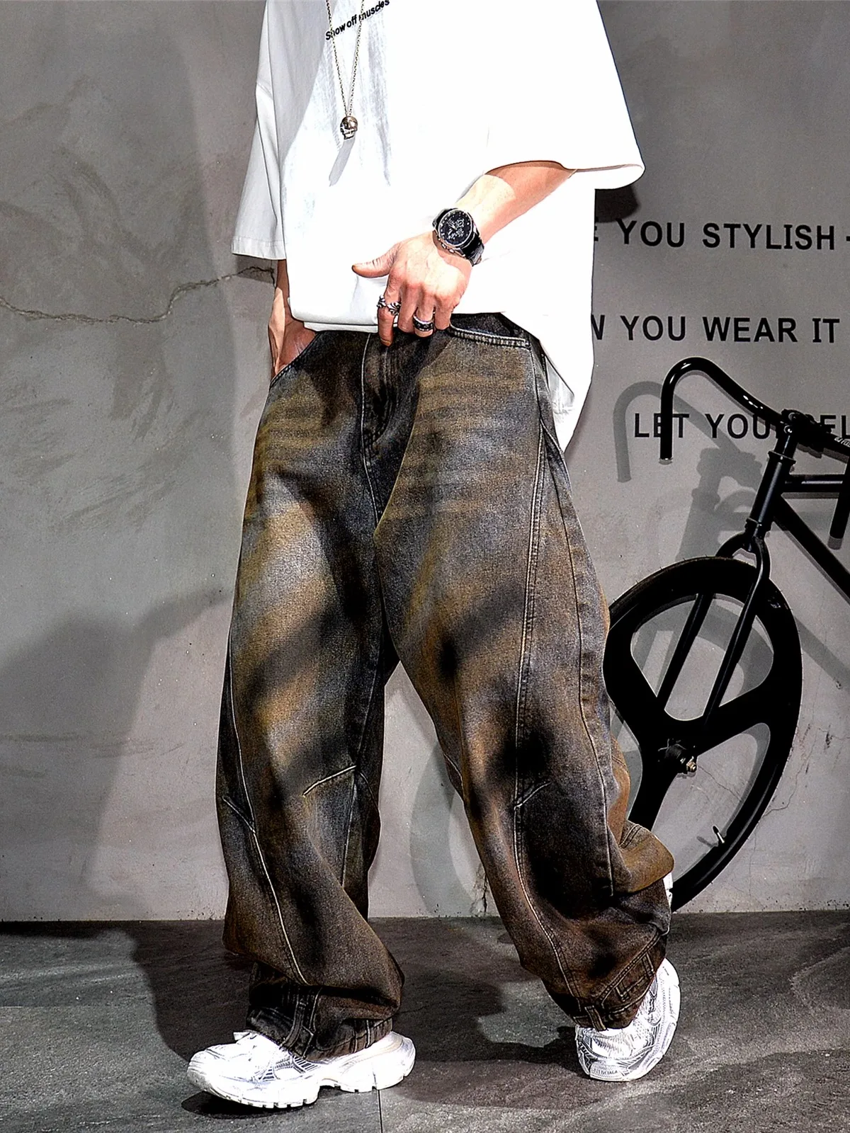 

Мужские джинсы в стиле ретро-американский дёрт-вейд, широкие, свободного кроя, в пол, повседневные, из смесового хлопка и полиэстера