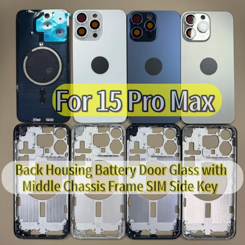 iphone-15-pro-max用バックハウジング、バッテリードアガラス、ミドルシャーシフレーム、simサイドキー（iphone-15-pro用）