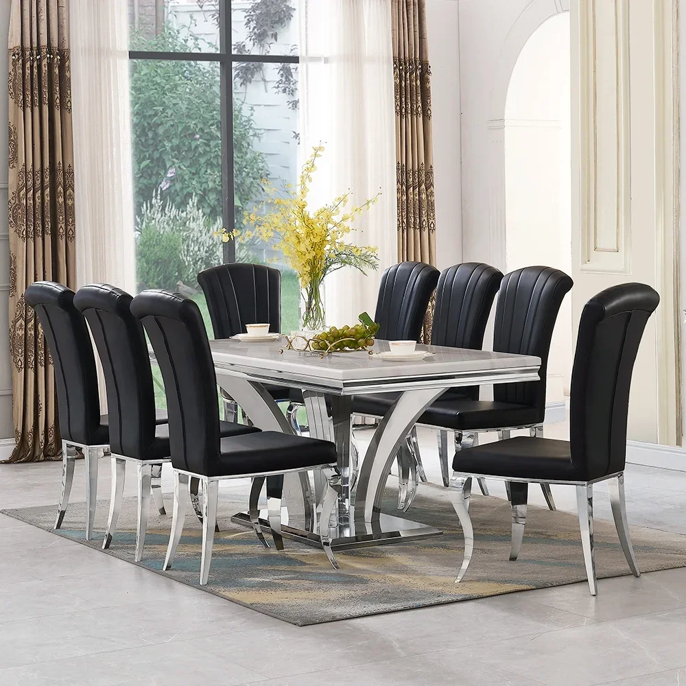 China Dining room furniture marble dining table set rectangle silver stainless steel base dining tables