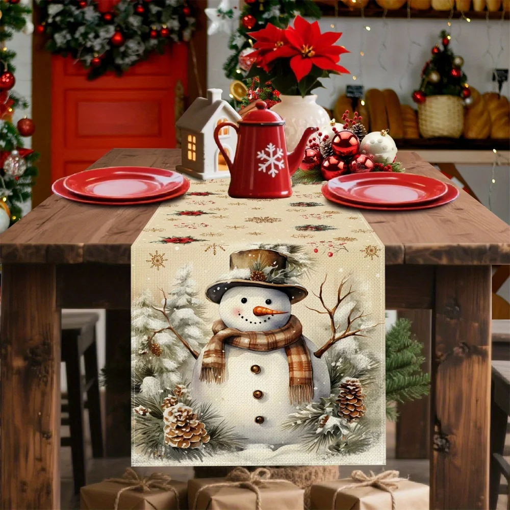 1pc, Nordic Style Winter Snowman Table Runner with Poinsettia Flakes and Christmas Tree Branches & Cones – Perfect for Holiday