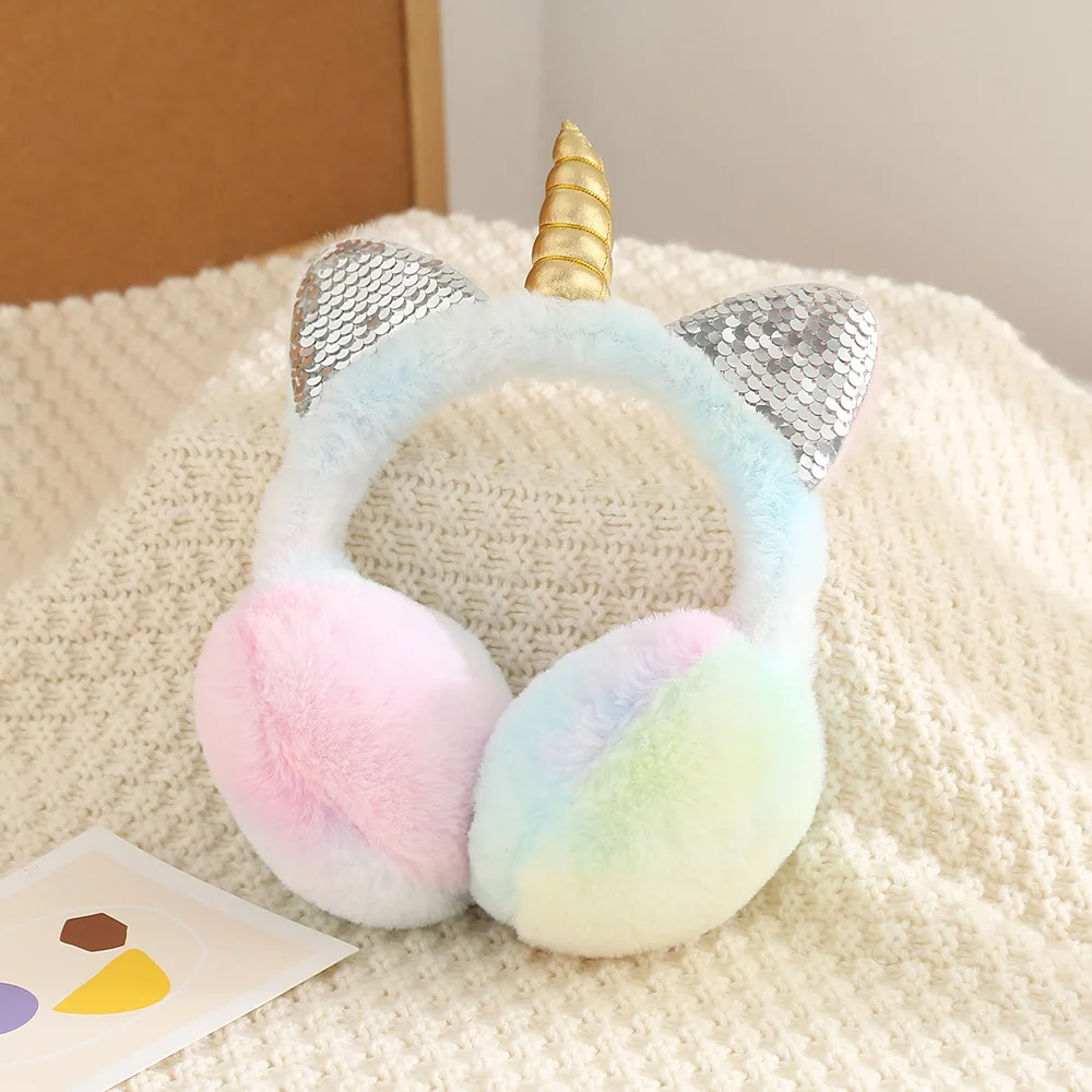 Disney Unicorn Fluffy Earflap Winter Warmer Children Colorful Soft Plush Earmuffs Lovely Cat Ears Caps Headband Tie-dye Fur Hat