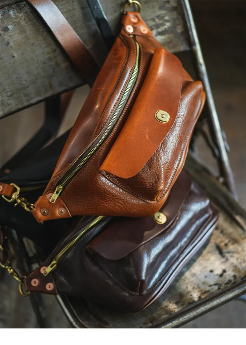 Vintage Luxury Genuine Leather Men's Chest Bag Fashion Casual Designer Weekend Party Natural Real Cowhide Sports Crossbody Bags