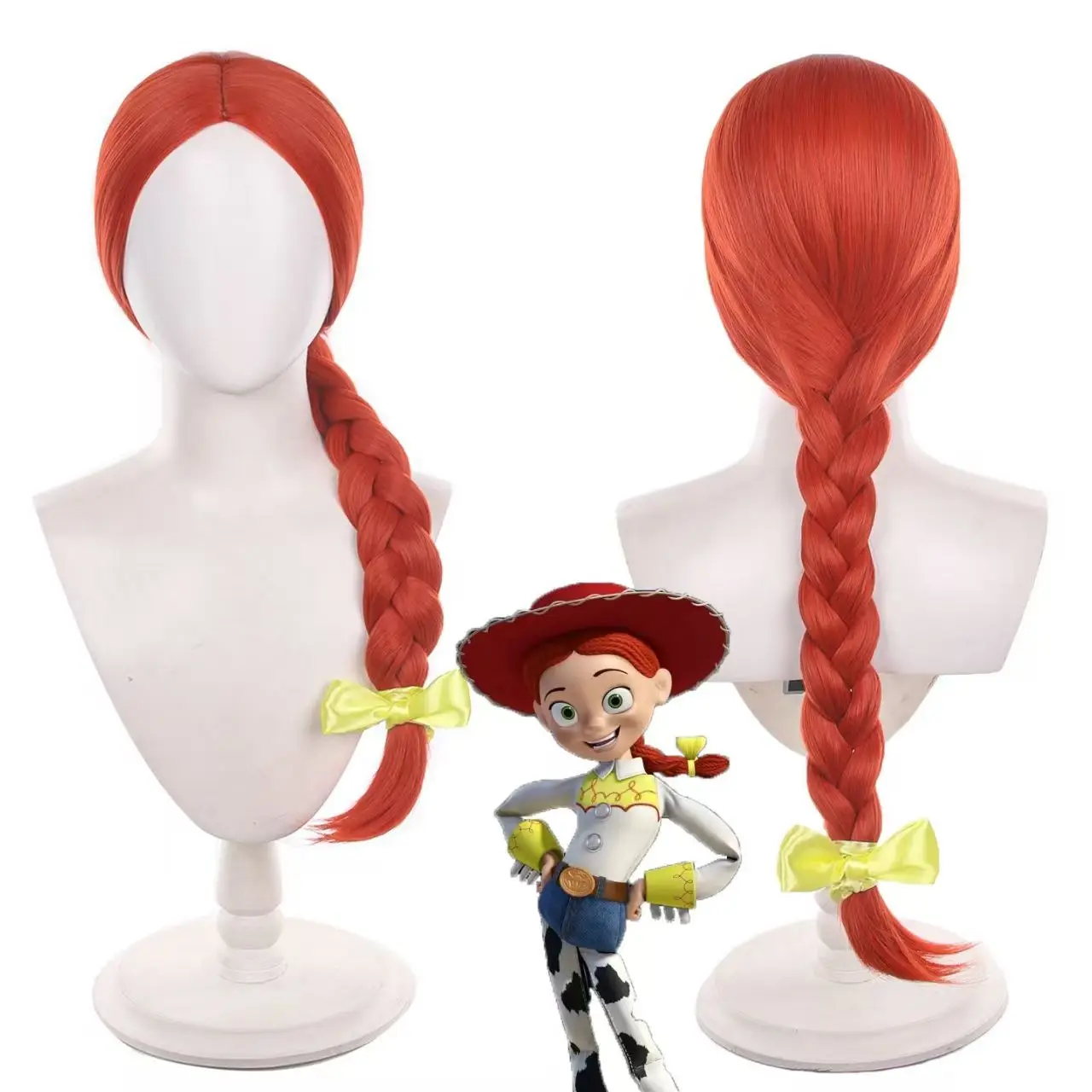 Jessie Cosplay Wig Long Red Thick Braid Wig with Yellow Bow Matte High Temperature Fiber Wig for Halloween Comic Con Role Play