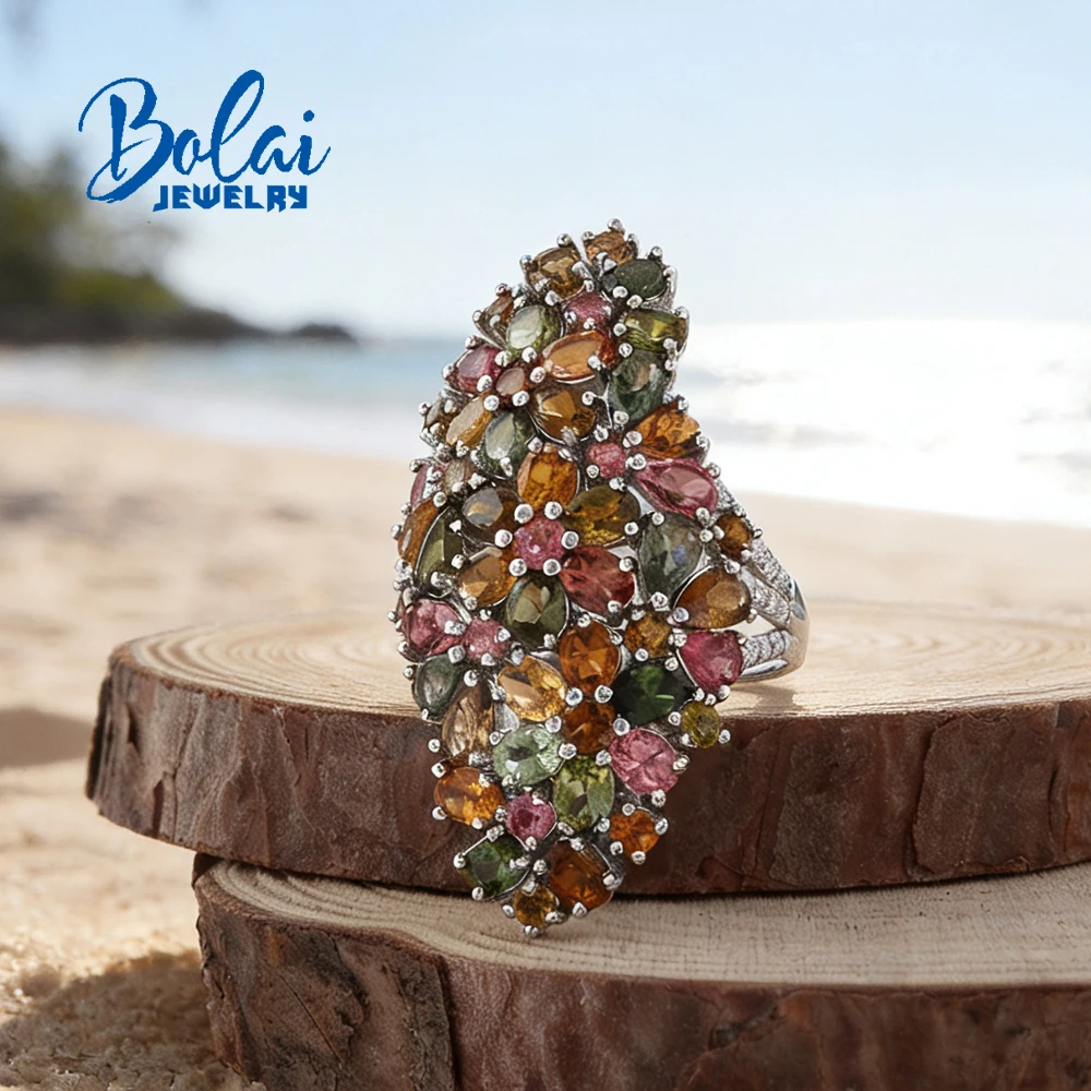 

Потрясающее роскошное серебряное кольцо с турмалином 7 карат, крупное, с разноцветными бразильскими драгоценными камнями, изысканное ювелирное украшение для женщин, привлекающее внимание, подарок на день рождения.