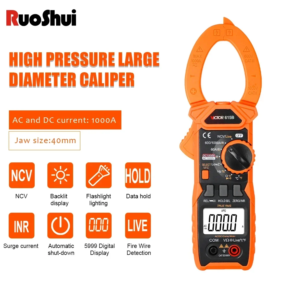 RUOSHUI Digital Clamp Multimeter 615B DC 1500V Intelligent Voltage Tester 6000 Counts Current Frequency Backlight NCV Ohm Meter