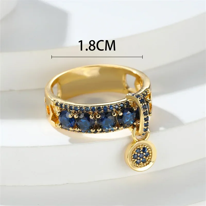 Vintage Royal Blue Stone Ring Yellow Gold Color Luxury Female Wedding Rings For Women Round Dangle Ring Engagement Jewelry Gifts image 4