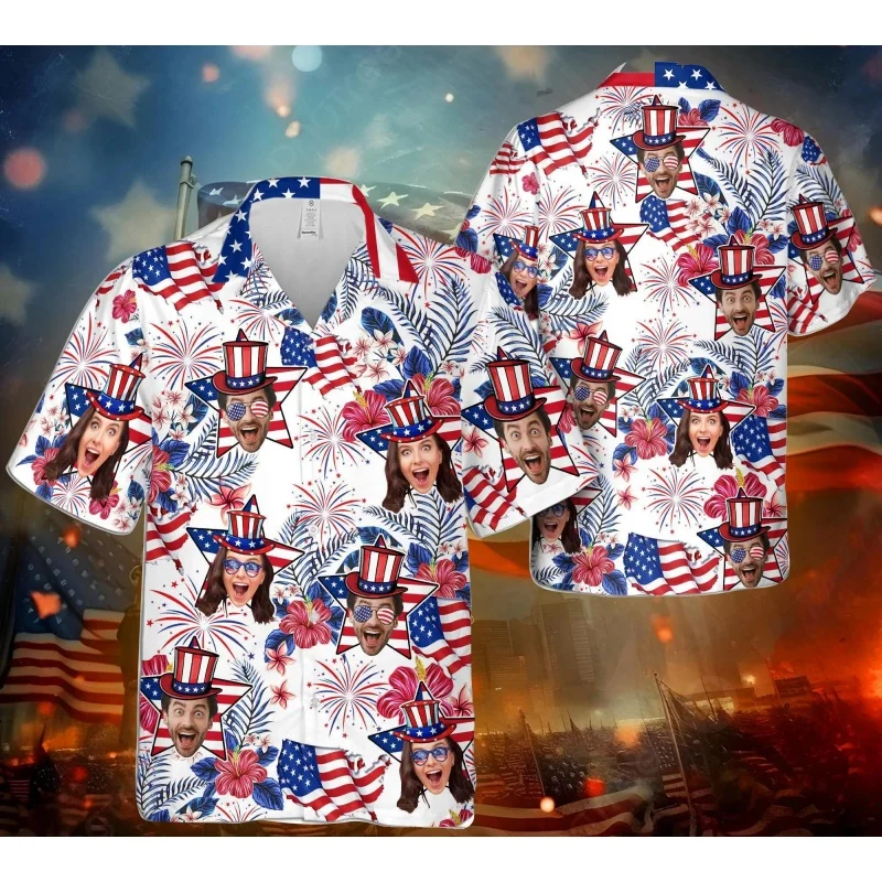 Funny Customized Face USA 250th Anniversary Hawaiian Shirt For Men 3D Print Patriotic Pet Flag Summer Blouses Lapel Aloha Shirts