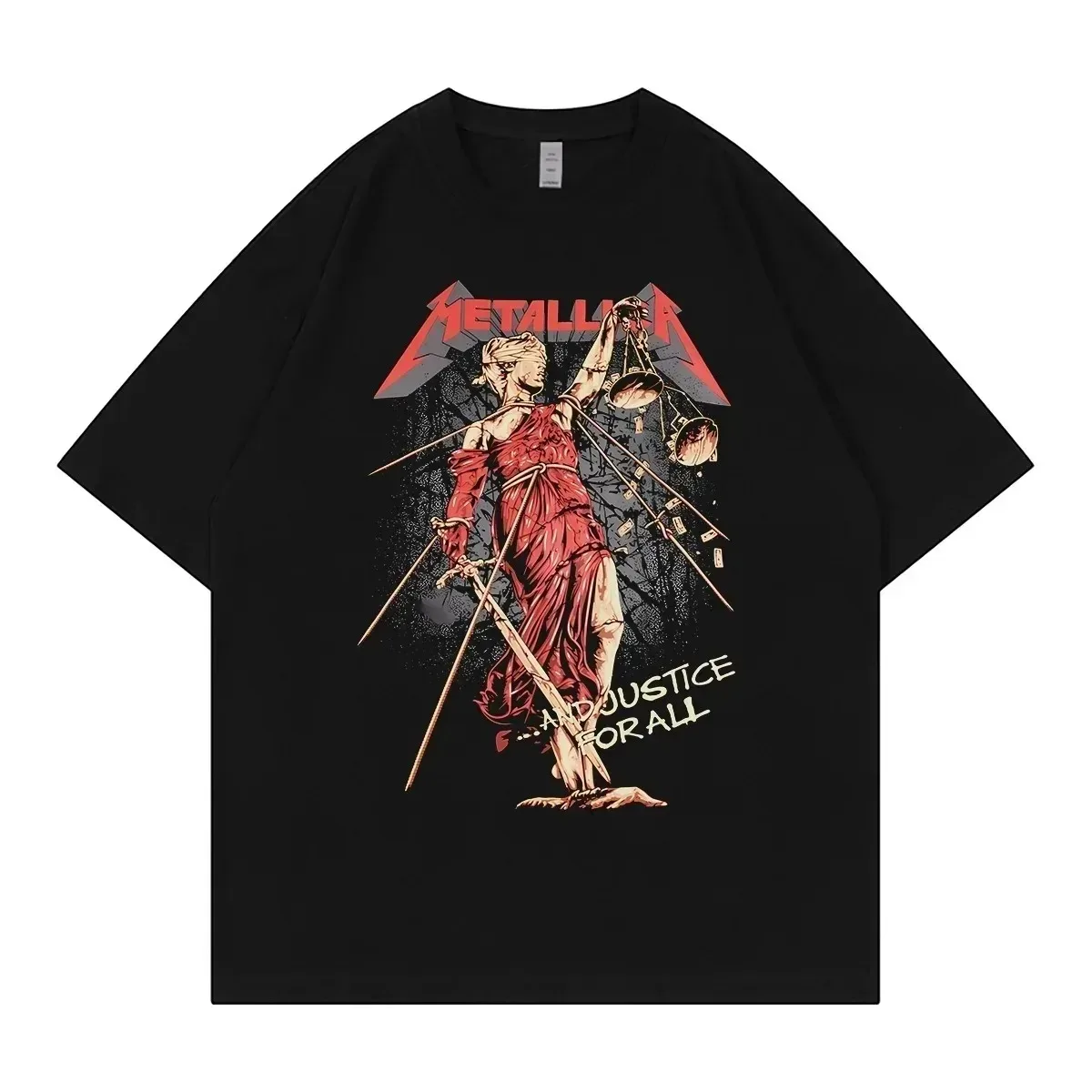 Metallica ...And Justice for All Red-Tone Theme Graphic T-Shirt – Vibrant Broken Statue of Justice Print Cotton Apparel T-shirt