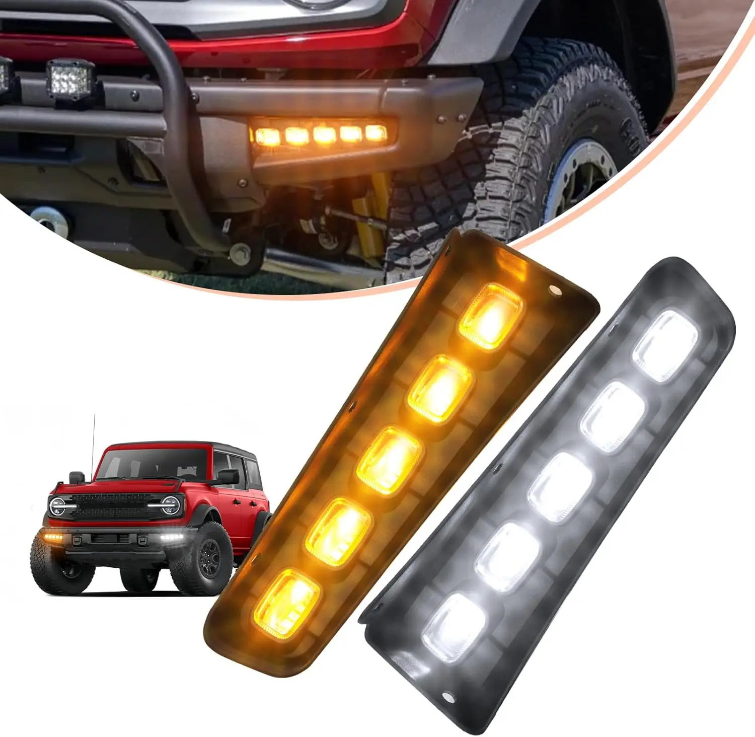 Car Hood Lights for 2024 Ford Bronco Accessories 2025 2021-2023 LED Fog Lights with Amber Turn Signal DRL 2/4 Door (with 5 LEDs)