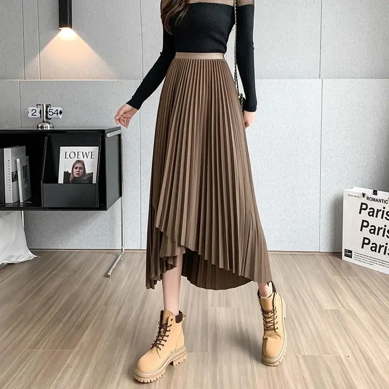 

Vintage Streetwear Pleated Skirts Female Autumn Winter High Waist Irregular Long Skirt Women Fashion A Line Midi Skirts