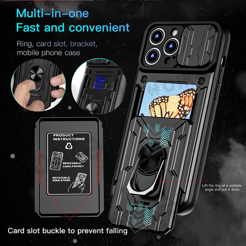 Slide Camera Cover Card Case For iPhone 15 Pro Max 14 Pro 13 Pro Max 12 XR 7 8 Plus Detachable Shockproof Protective Phone Cases