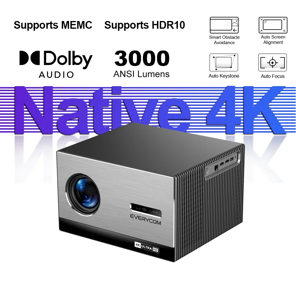 Native True 4K Projector 3840x2160 Everycom 3000ANSI Ultra Bright FLED Smart Auto Focus Keystone Home Theater Cinema 4K