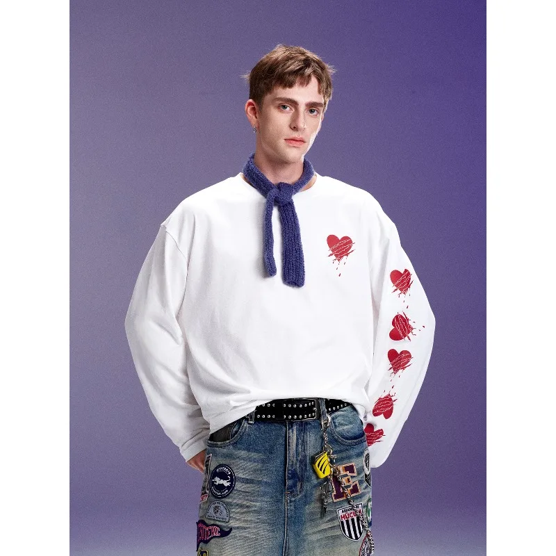 

American Style Heart-shaped Paw Print 3D Printed Long Sleeved T-shirt for Autumn Couples, Loose Casual Quick Drying Top, Trendy