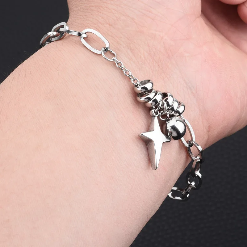Silver Chunky Oval Link Chain Bracelet, Five Point Star Ball Bead Charms Adjustable Y2K Wrist Jewelry for Women and Men