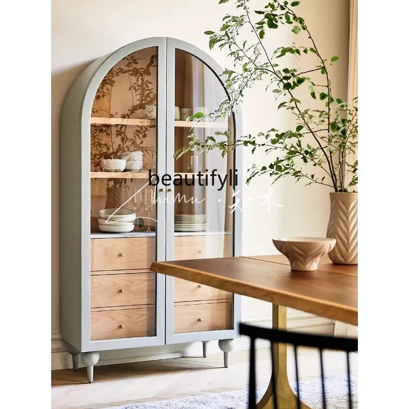 Custom French Style Solid Wood Arch Wine Cabinet American Retro Side Cabinet Nordic Glass Cabinet Modern Double Door Bookcase