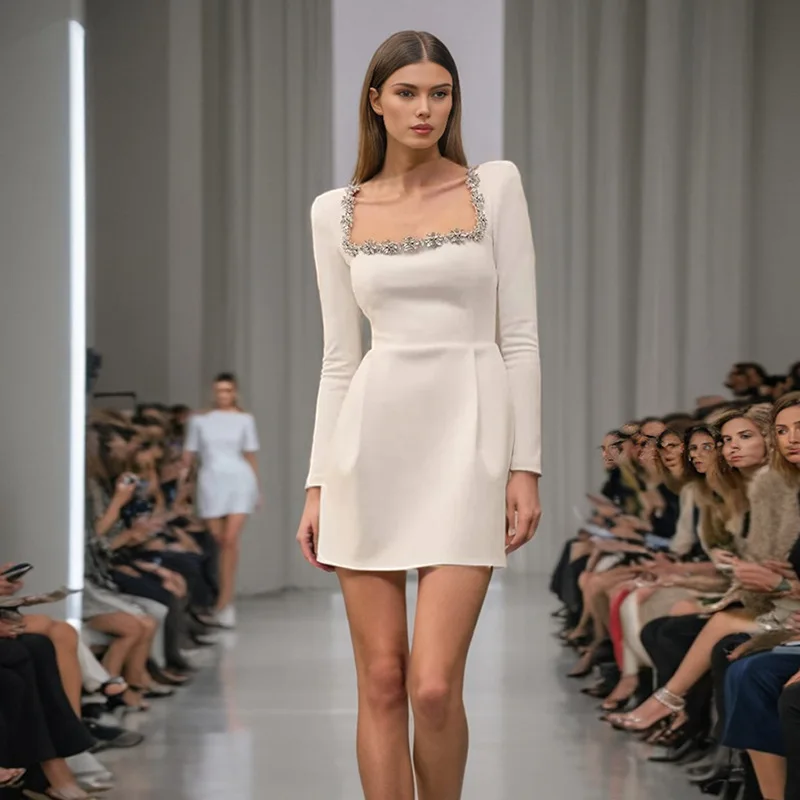 

New Spring Long Sleeves Zipper Mini Dress Women Luxury Diamonds Square Neck Dresses Autumn High Waist Fashion Slim A Line Dress